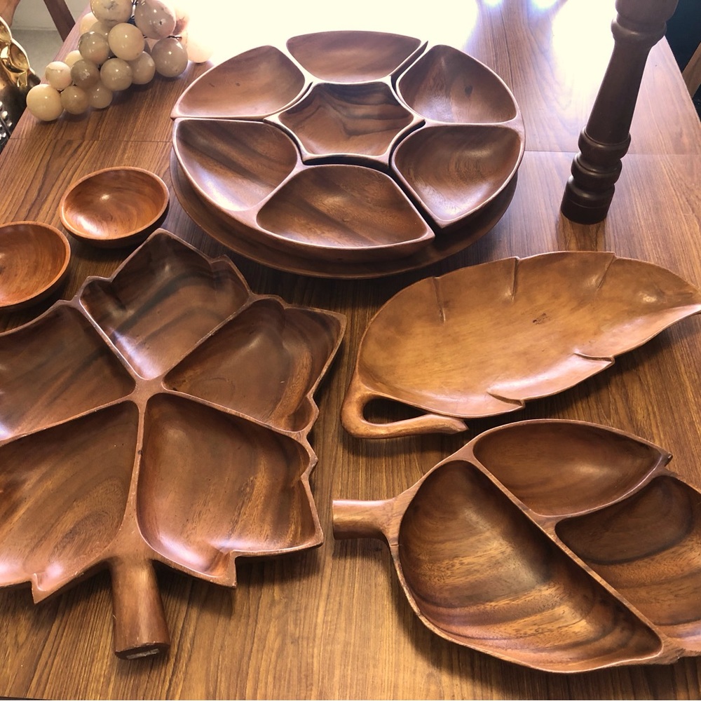 Three Wood Serving Bowls Plates, Mid-Century Modern